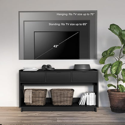 Prepac Black Simply Modern Entryway Table, Narrow Console Table with 3 Drawers, Media Console with Storage, 15.75" D x 60.25" W x 32" H