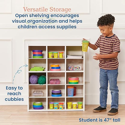 ECR4Kids Streamline 15 Cubby Tray Storage Cabinet, 5x3, Classroom Furniture, White Wash