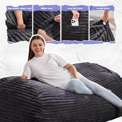 Hobestluk 4FT Bean Bag Chairs Adult Bean Bag with Portable Handle Comfy Large Bean Bag Chair with Removable Cover for Living Room Bedroom or Reading Nook (Stripe Dark Grey, 4FT)