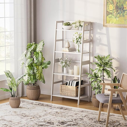 HITNET Ladder Shelf, 4 Tier Bookshelf, Floor Standing Bathroom Storage Rack with Bamboo Frame, Home Office Open Display Bookcase, White