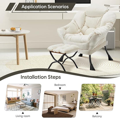 Lazy Chair with Folding Ottoman Modern Large Accent Chair,Contemporary Lounge Leisure Sofa Chair with Armrests Upholstered Sofa Armchair Reading Chair for Bedroom,Dorm & Office (Beige-f)