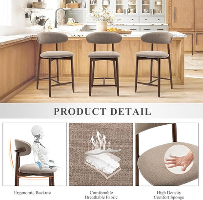 COLAMY Bar Stools Set of 2, Counter Height Barstools, Upholstered Counter Stools with Wood Legs for Kitchen Island Dining Room, Camel