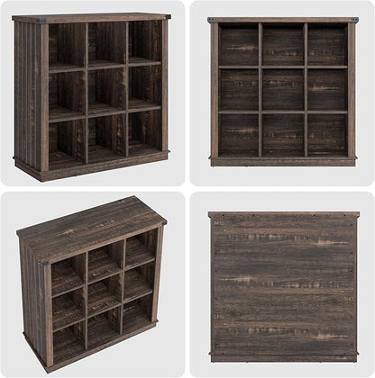 GarveeHome 9 Cube Storage Organizer Bookshelf, 4 Tier Farmhouse Horizontal Bookcase, 37.4 Inch Wood Storage Bookcase for Entryway, Long Low Bookshelves for Living Room-Black Oak