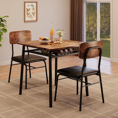 GarveeHome Dining Table for 2 with Storage Rack, Small Kitchen Table for 2 with Metal Frame, Square Table with Upholstered Chairs Set of 2, 3-Piece Dining Room Set for Small Space, Apartment, Brown