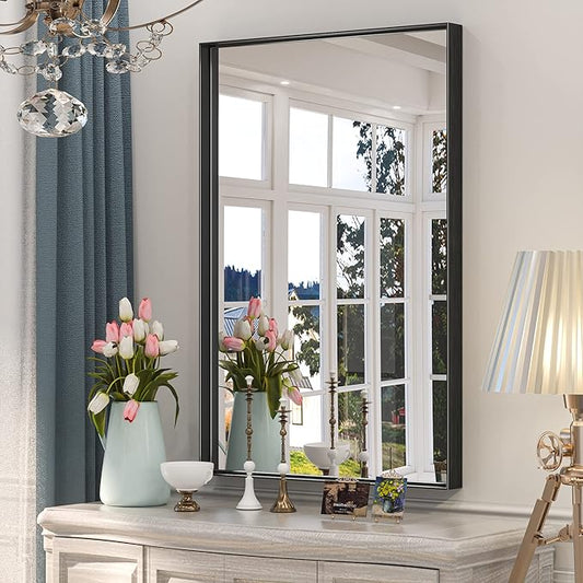 Keonjinn Black Bathroom Mirror 24 x 36 Inch Rectangular Wall Mirror Brushed Metal Frame Black Mirror Modern Farmhouse Mirror, Framed Rectangle Bathroom Mirror for Over Sink(Horizontal/Vertical)