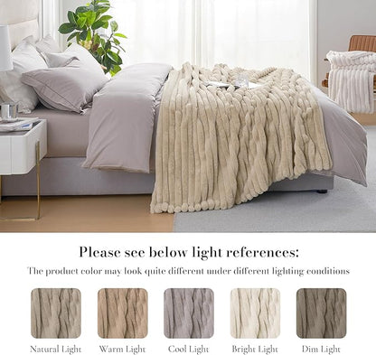 Amélie Home Faux Fur Throw Blanket for Couch, Cozy Fuzzy Fluffy Fur Luxurious Soft Striped Plush Gift Blankets for Family Sofa Chair Bed Living Room Bedroom, 55"x70", Beige