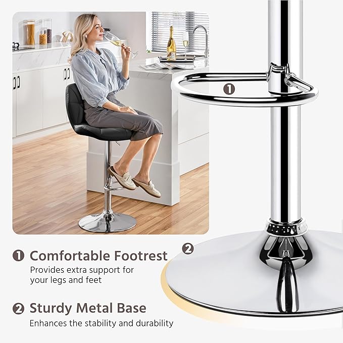Yaheetech Bar Stools Set of 2, Modern Adjustable Kitchen Island Chairs, Black PU Leather Swivel Counter Stools for Bar, Kitchen Counter, Black