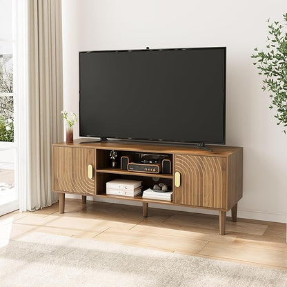 Smuxee Walnut TV Stand with Line Groove Design, 47.2" Mid Century Modern TV Media Console for TVs up to 55", TV Cabinet with Adjustable Shelf & 2 Cabinets for Living Room