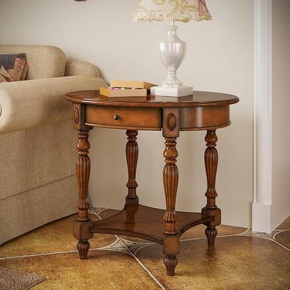 LEEMTORIG Oval Round End Table, 2-Tier Solid Wood End Table Side Table with Drawer, Victorian Vintage Nightstand for Bedroom Living Room Hallway, 28" W x 22" D x 24.2" H, Caramel Brown CJZ-1533-MG