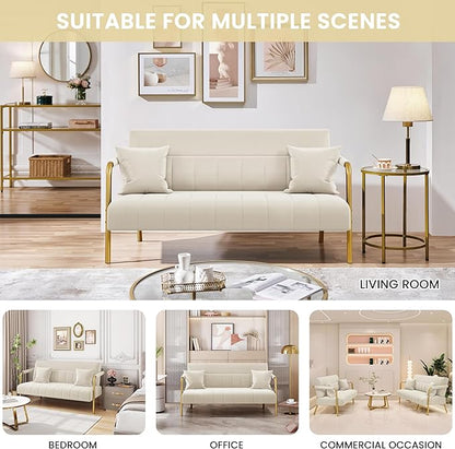 Yaheetech 56.5" W Modern Loveseat 2 Seater Sofa Luxurious Velvet Fabric Couch with Gold-Tone Metal Arms and Legs for Living Room, Home Office, Studio Beige