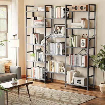 SUPERJARE Triple 5 Tier Bookshelf, Bookcase with 14 Open Display Shelves, Wide Book Shelf Book Case for Home & Office, Grey