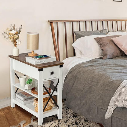 Narrow End Table with Charging Station - Farmhouse Slim Side Table Set of 2, w/USB Ports Power Outlets, Nightstand w/Flip Top Storage Drawer, for Small Spaces Living Room Bedroom, Brown White