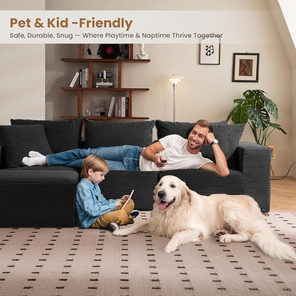Modular Sectional Sofa, 108" L-Shaped Boneless Couch with Deep Seat, Corduroy Cloud Couch for Living Room, Bedroom, No Assembly Required, Ship in a Box, Black