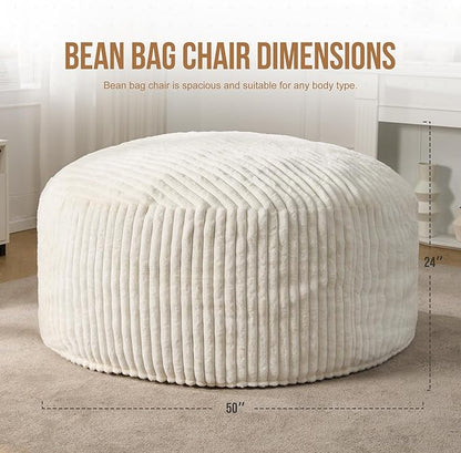 Hobestluk 5ft Bean Bag Chairs for Adults Large Beanbag Chair with Dutch Corded Plush Cover Big Bean Bag Chair for Living Room Bedroom Dorm Office - White (50” x 50” x 24”)