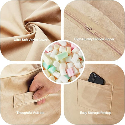 Homguava 5FT Bean Bag Chair Giant BeanBag with Memory Foam Filled, Comfy Bean Bag Chairs for Adults, Adult Bean Bag Chair with Dutch Velvet Cover for Living Room Bedroom-Khaki
