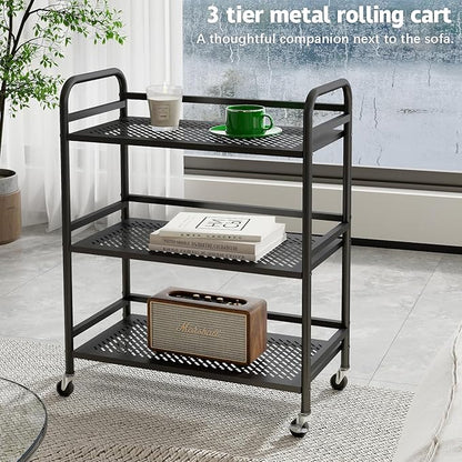 HDANI 3 Tier Metal Rolling Heavy Cart Supports 40 Lbs Per Tier,Rolling Cart with 2 Lockable Wheels for Office,Home,Bedroom,Kitchen,Bathroom(Black)…