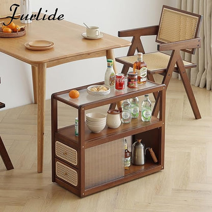 Rattan Nightstand Side Table with Storage, Bamboo Nightstand Bedside Table, Glass Mid Century Modern End Tables for Small Spaces, Living Room, Bedroom，Walnut