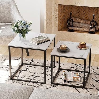 Garden 4 you Coffee Table Set of 2, Modern Faux Marble Nesting Table, Metal Frame Square Center Table Set, Side Tables, Nesting Coffee Table for Living Room, Bedroom and Small Spaces, 19.7in Black
