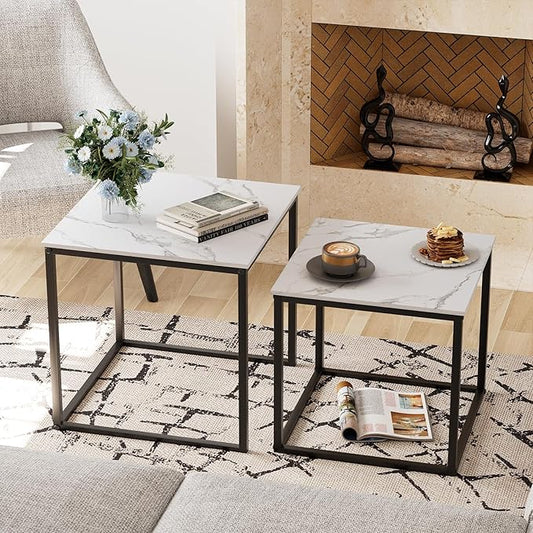 Garden 4 you Coffee Table Set of 2, Modern Faux Marble Nesting Table, Metal Frame Square Center Table Set, Side Tables, Nesting Coffee Table for Living Room, Bedroom and Small Spaces, 19.7in Black