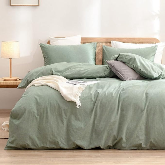 BESTOUCH Duvet Cover Set 100% Washed Cotton Linen Feel Super Soft Comfortable Chic Lightweight 3 PCs Home Bedding Set Solid Green Super King