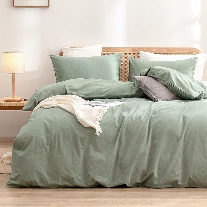 BESTOUCH Duvet Cover Set 100% Washed Cotton Linen Feel Super Soft Comfortable Chic Lightweight 3 PCs Home Bedding Set Solid Green Queen