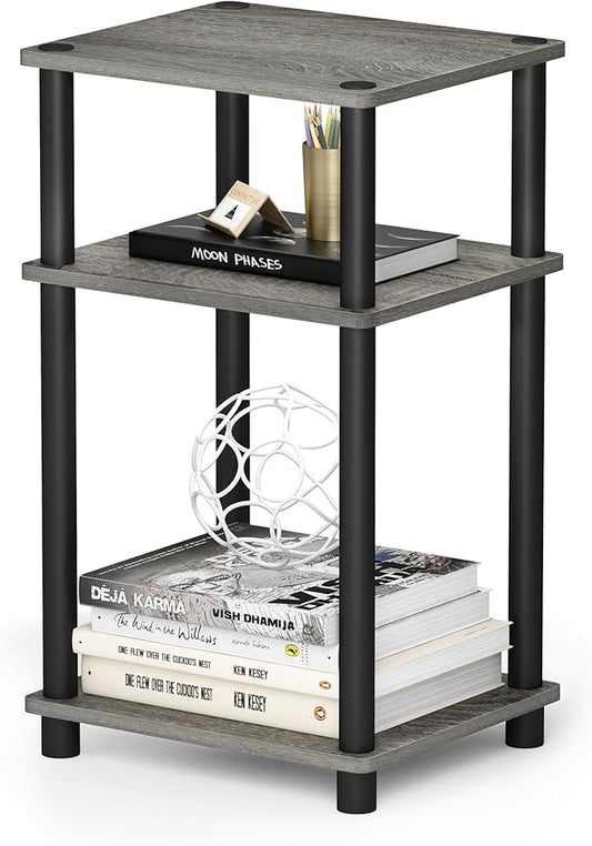 Furinno Just 3-Tier Turn-N-Tube End Table / Side Table / Night Stand / Bedside Table with Plastic Poles, 1-Pack, French Oak Grey/Black