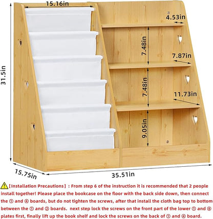 Lerliuo 4 Tier Kids Bookshelf and Storage Organizer, Five Layer Sling Children Bookcase, Baby Toddler Wooden Book Shelf, Display Cabinet for Playroom, Bedroom, Classroom, Nursery, School (Natural)