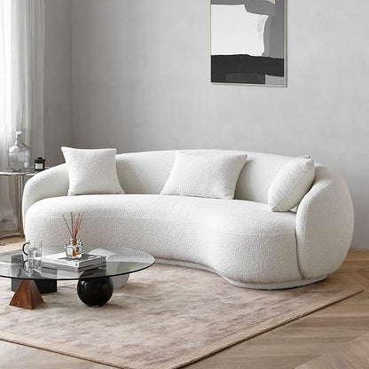 Acanva Mid Century Modern Curved Living Room Sofa, 4-Seat Boucle Fabric Couch for Bedroom, Office, Apartment, White