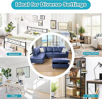 L Shaped Couch PU Leather Sectional Couch Upholstered 3 Pieces Sofas for Living Room with Chaise, Storage Ottoman for Office and Small Apartment, Blue