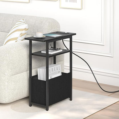Narrow Side Table with Charging Station, Small End Table for Small Spaces, Skinny Nightstands with Storage Basket, 3 Tier Sofa Couch Bedside Tables for Living Room,Bedroom, Black