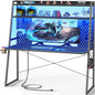 Gaming Desk with Hutch and LED Lights, Gaming Computer Desk with Power Outlets, Gamer Desk with Storage Shelves, PC Game Desks with Pegboards, for Bedroom, Carbon Fiber Black, 49"