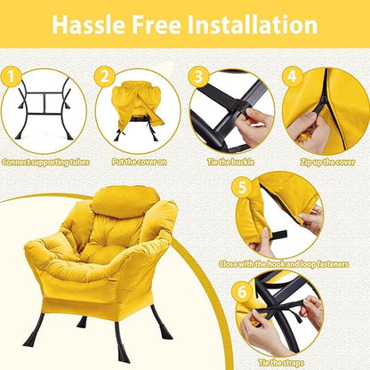 Lazy Chair Thick Padded, Comfy Velvet Accent Lounge Chair with Stable Frame, Leisure Sofa Armchair with Armrests and Side Pocket, Reading Chair for Bedroom, Living Room, Office, Yellow