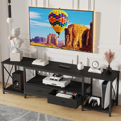 TV Stand with Fabric Drawers for 65 70 75 Inches TV - Entertainment Center and Industrial TV Console Table with Open Storage Shelves for Living Room, Bedroom - 63.5" Black