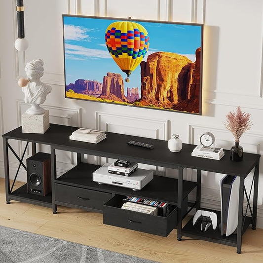 TV Stand with Fabric Drawers for 65 70 75 Inches TV - Entertainment Center and Industrial TV Console Table with Open Storage Shelves for Living Room, Bedroom - 63.5" Black