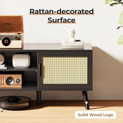 SUPERJARE TV Stand for 65 Inch TV, Entertainment Center with Adjustable Shelf, Rattan TV Console with 2 Cabinets, Media Console, Solid Wood Feet, 4 Cord Holes, for Living Room, Black-8750B