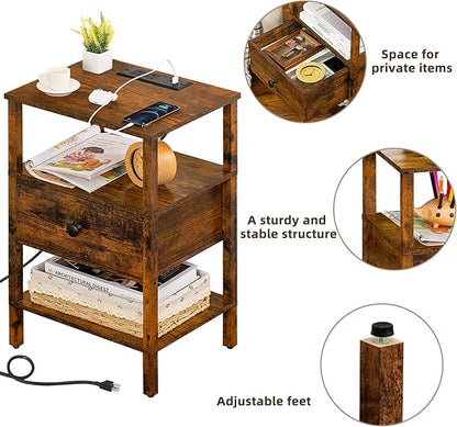 Lerliuo Nightstand Set of 2 with Charging Station and USB Ports, 3-Tier Storage End Table with Drawer Shelf, Night Stand for Small Spaces, Wood Bedside Table for Living Room, Bedroom-Brown