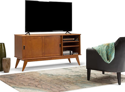 SIMPLIHOME Draper SOLID HARDWOOD 60 Inch Wide Mid Century Modern TV Media Stand in Teak Brown For TVs up to 65 Inches, For the Living Room and Entertainment Center