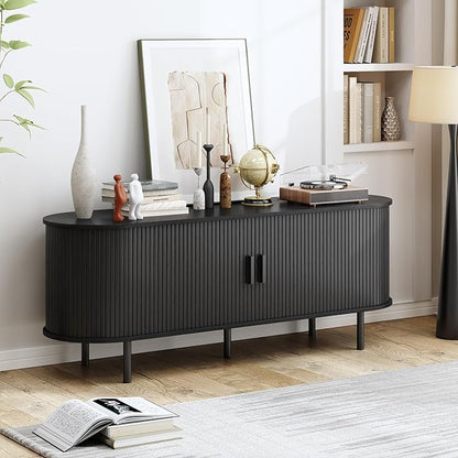 55" TV Stand with Power Outlet, Modern Media Console with Sliding Doors, Entertainment Center for TVs up to 60 Inch, Adjustable Shelves, Black