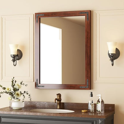 VocalStar Rustic Wood Framed Mirror 24 x 32 Inch, Natural Dark Brown Wooden Rectangle Bathroom Vanity Wall Mirror for Farmhouse Boho Decor, 1/4-inch Shatterproof Glass | Waterproof