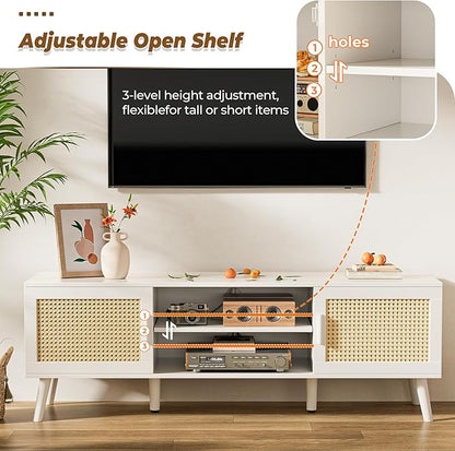 SUPERJARE TV Stand for 65 Inch TV, Entertainment Center with Adjustable Shelf, Rattan TV Console with 2 Cabinets, Media Console, Solid Wood Feet, 4 Cord Holes, for Living Room, White-8750W