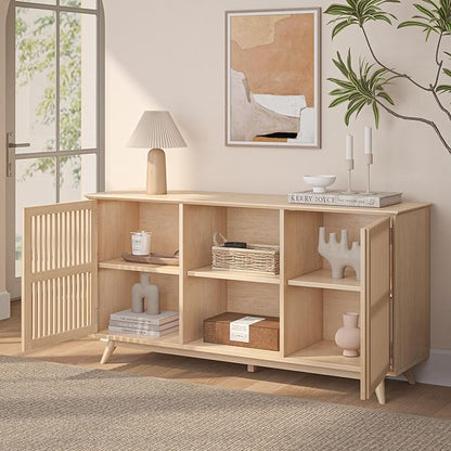 Plank+Beam Mid-Century Modern Wood TV Stand, Solid Wood Entertainment Console with Storage, 59" L x 16" W x 30" H, Blonde