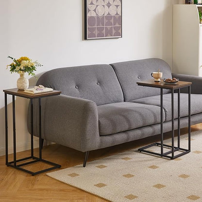 Side Table Small End Table C Shaped, Slide Under Laptop Desk for Couch, Living Room Side Table, TV Trays for Eating on Couch, Rustic Brown+Black YD-TM051HB-2