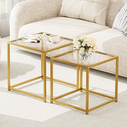 Garden 4 you Coffee Table Set of 2, Modern Glass Nesting Table, Metal Frame Square Center Table Set, Side Tables, Nesting Coffee Table for Living Room, Bedroom and Small Spaces, 19.7in Gold