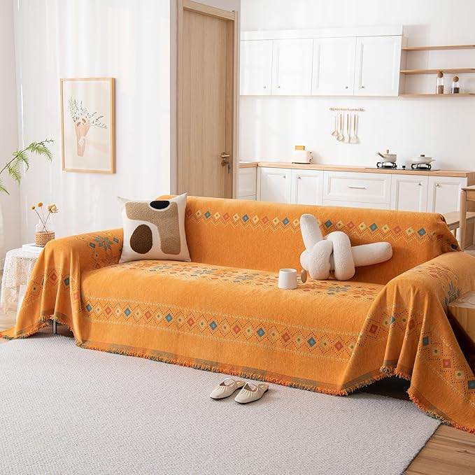 STACYPIK Soft Orange Sofa Cover, Boho Chenille Couch Cover for 2 Cushion Couch, Anti-Slip Jacquard Furniture Protector, Loveseat Cover for Sectional, Multi-use Sofa Slipcover Pet-Friendly-71X118IN