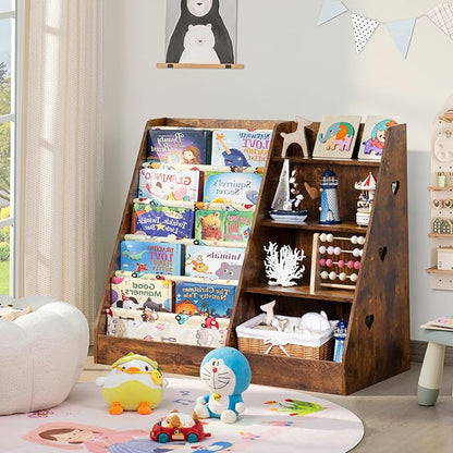 Lerliuo 4 Tier Kids Bookshelf and Storage Organizer, Five Layer Sling Children Bookcase, Baby Toddler Wooden Book Shelf, Display Cabinet for Playroom, Bedroom, Classroom, Nursery, School (Brown)