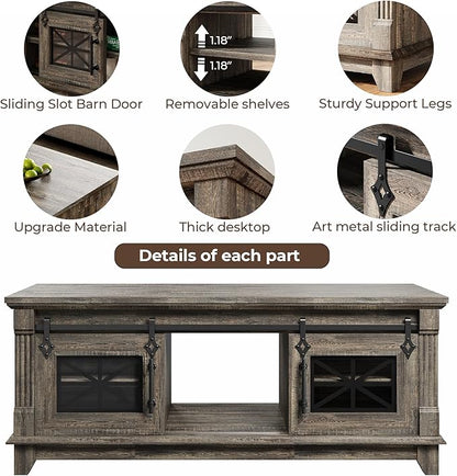 IRONCK 48'' Coffee Table with Sliding Barn Doors, Rustic Center Table with 6 Large Storage Space, Glass Doors and Adjustable Middle Shelf, Farmhouse Coffee Tables for Living Room, Meeting Room