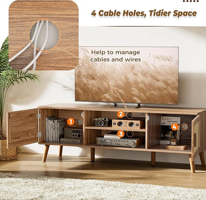 SUPERJARE Boho TV Stand for 65 Inch TV, Entertainment Center with Adjustable Shelf, Rattan TV Console with 2 Cabinets, Media Console, Solid Wood Feet, 4 Cord Holes, for Living Room, Walnut
