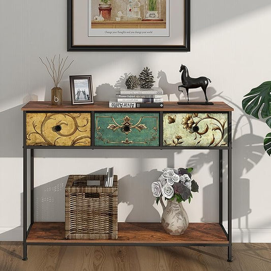 Tohomeor Entryway Console Table with 3 Retro Flowers Fabric Drawers Boho Narrow Long Behind Couch Sofa Table with Bottom Open Storage Shelf for Hallway Living Room Foyer (Rustic Brown, 3 Drawers)