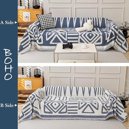HANDONTIME Boho Chenille Sofa Cover - Denim Blue Geometric Reversible Blanket for L Shaped Couch - Sectional Protector for Dogs, 71" X 134"