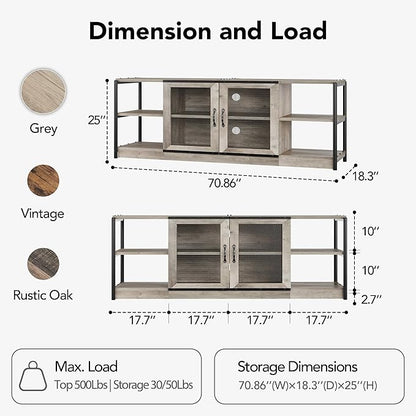 GarveeHome Farmhouse TV Stand for 75/80 Inch TVs, Entertainment Center with Storage Cabinet, 71'' Rustic TV Media Console Table, Furniture for Living Room, Grey